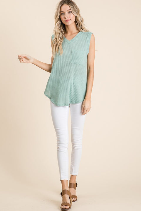 Sleeveless Waffle Knit Tank Top- Sage