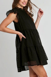 Textured Organza Round Neck Ruffled Dress- Black