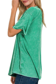 Mineral Washed Ribbed Exposed Seam Short Sleeve Top with Back Patch- Kelly Green