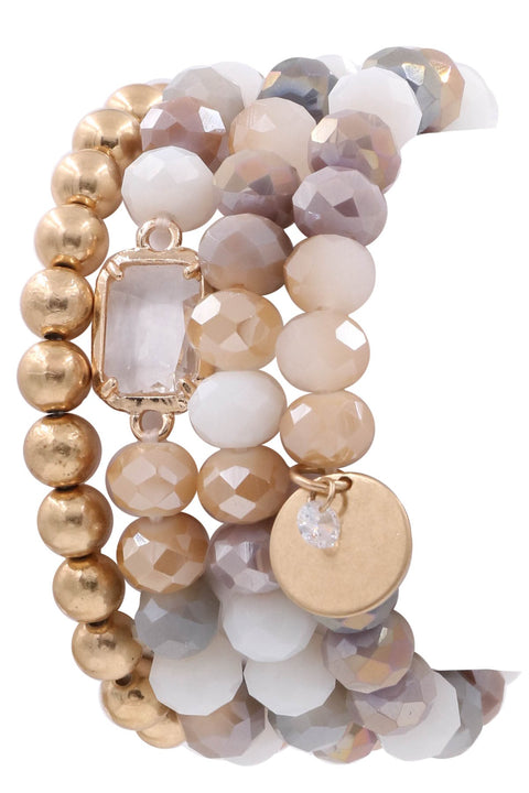 Danica Assorted Glass Bead Coin & Crystal Charm Bracelet Set- Grey/Gold/Nude