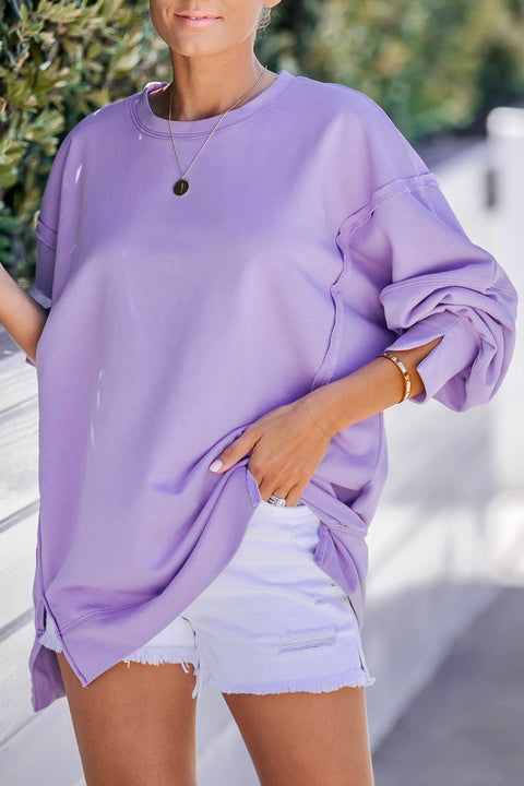 Oversized Exposed Seam Sweatshirt with Side Slits- Lavender