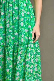 Metallic Floral Print Maxi Dress- Emerald