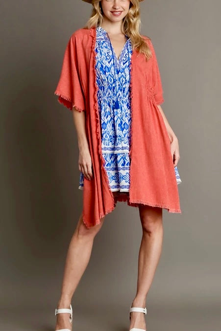 Mineral Washed Open Front Kimono with Smocked Details- Burnt Coral