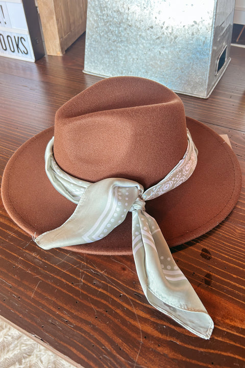 Brown Wide Brim Hat with Scarf