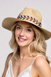 Boho Straw Beach Panama Hat with Aztec Print Headband- Natural