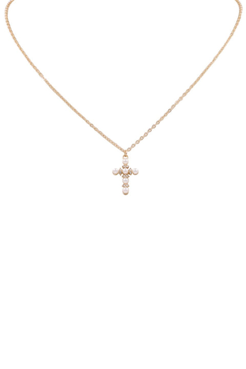 Metal Cross Rhinestone & Pearl Necklace- Gold