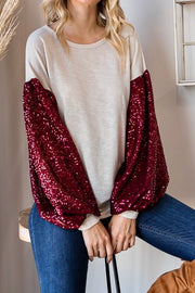 Holiday Sequin Balloon Sleeve Top- Cream/Red