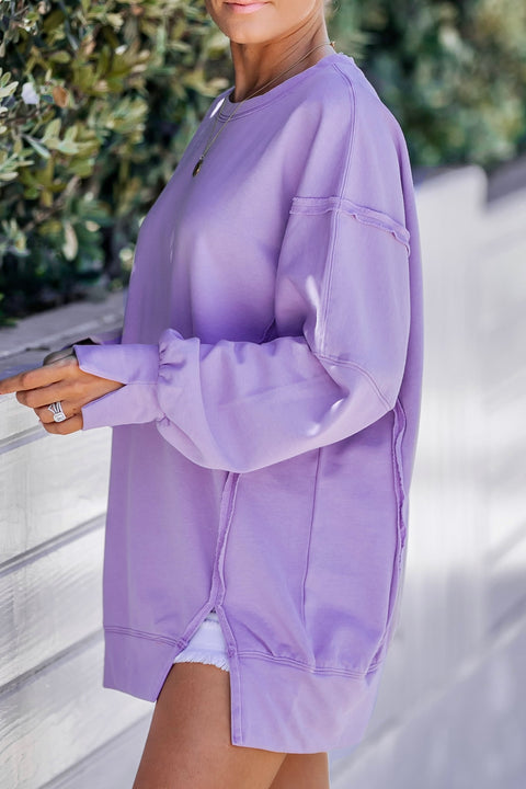 Oversized Exposed Seam Sweatshirt with Side Slits- Lavender