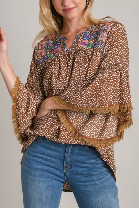 Angela Embroidered Bell Sleeve Top- Camel