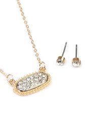 Short Length Druzy Rhinestone Oval Pendant Necklace & Stud Earring Set- Gold Clear Stone