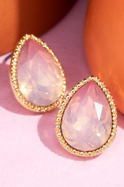 Glass Teardrop Stud Earrings- Pink Opal