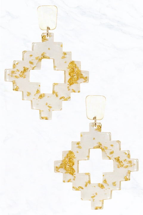 Colorful Metallic Flake Acrylic Dangle Drop Aztec Earrings- Gold/White