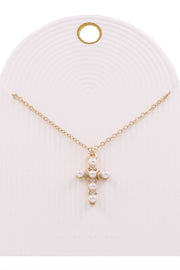 Metal Cross Rhinestone & Pearl Necklace- Gold