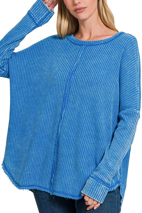 Mineral Washed Baby Waffle Long Sleeve Top- Ocean Blue