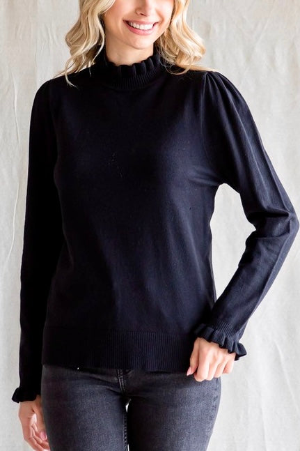 Solid Knit Long Sleeve Ruffled Top- Black