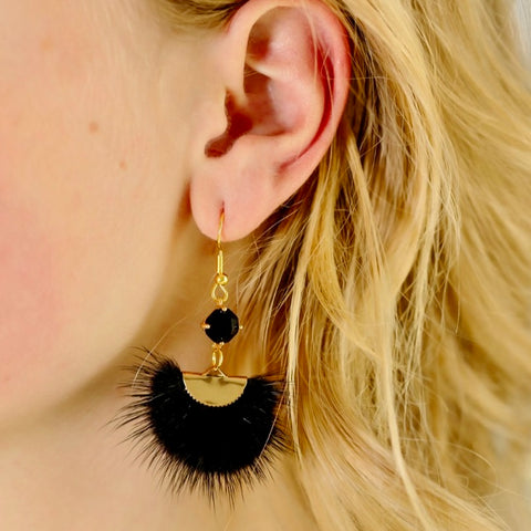 TLD Designs Black Bling Feathery Puff Dangle Earrings