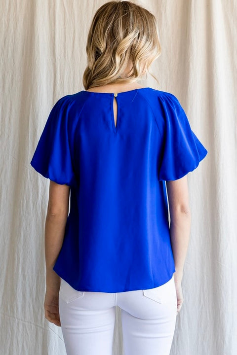 Fiona Solid Short Puff Sleeve Top- Royal Blue