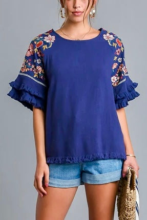 Linen Blend Top with Embroidered Bell Short Sleeves- Navy Blue