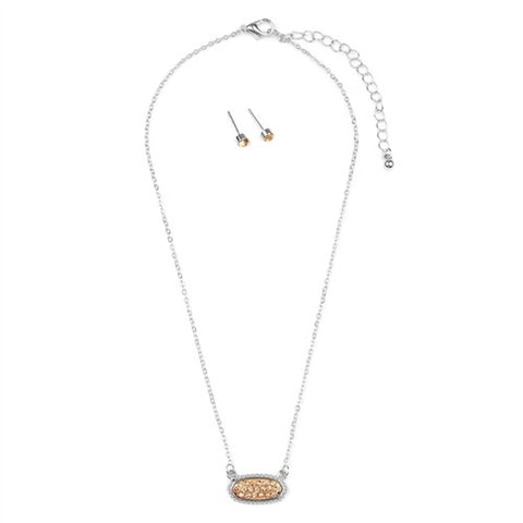Short Length Druzy Rhinestone Oval Pendant Necklace & Stud Earring Set-  Silver Topaz Stone