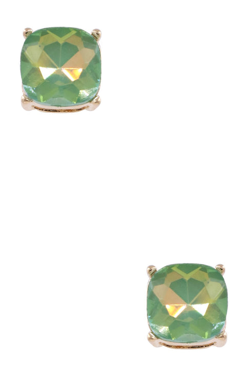 Faceted Glass Square Jewel Statement Stud Earrings- Mint