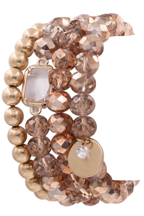 Danica Assorted Glass Bead Coin & Crystal Charm Bracelet Set- Rose Gold