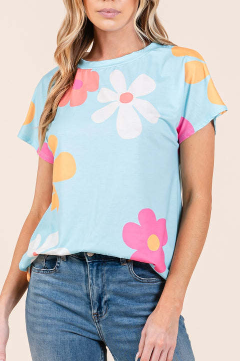 Floral Crew Neck Short Sleeve Top- Blue