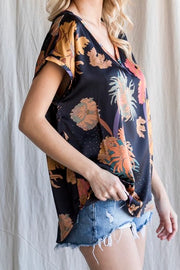 Floral Print Satin Top- Black Mix