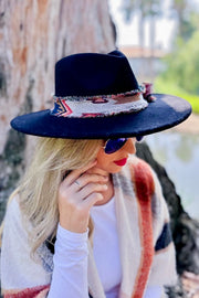 Aztec Boho Adjustable Wide Brimmed Panama Hat with Frayed Band - Black