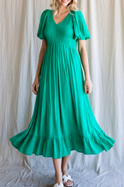 Smocked Tiered Puff Sleeve Midi Dress- Hunter Green