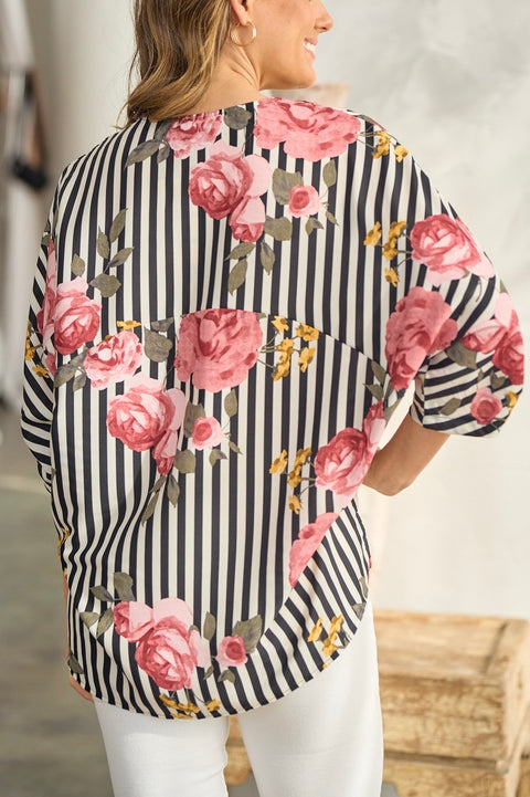 Black & White Striped Floral Print Top