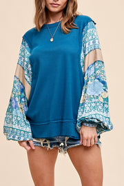 Floral Print Color Block Balloon Sleeve Top- Teal Green