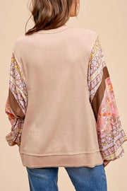 Floral Print Color Block Balloon Sleeve Top- Taupe