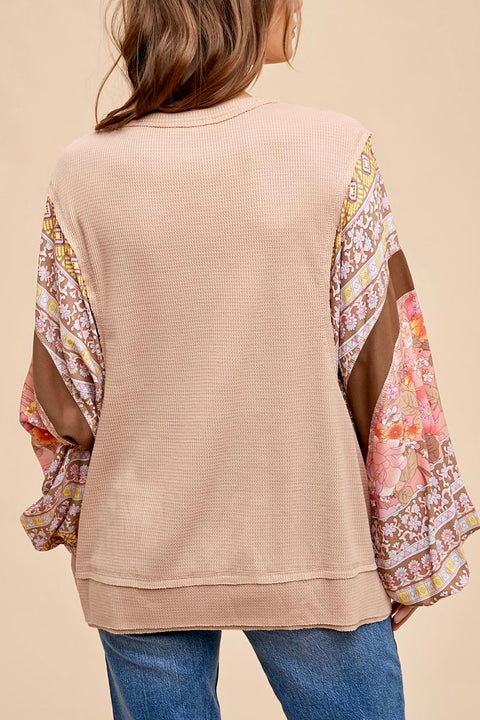 Floral Print Color Block Balloon Sleeve Top- Taupe