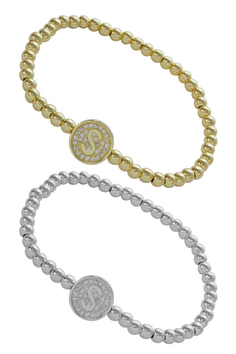 Gold Beaded & Rhinestone Initial Stretch Bracelet