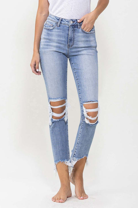 Lovervet High Rise Kick Flare Distressed Jeans- Light Denim Wash