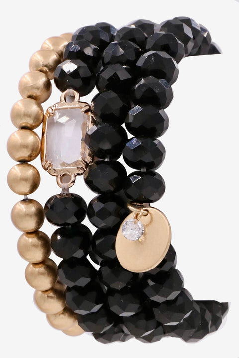 Danica Assorted Glass Bead Coin & Crystal Charm Bracelet Set- Black