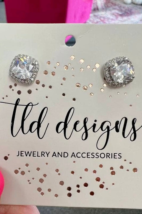 TLD Designs Square Clear Rhinestone Stud Earrings- Silver
