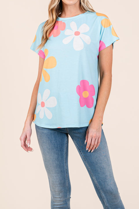 Floral Crew Neck Short Sleeve Top- Blue