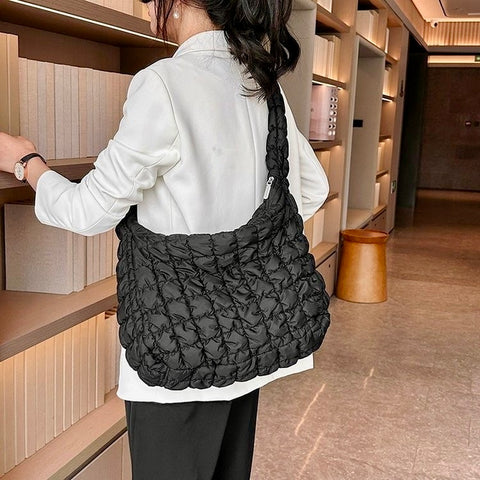 Layla Puff Quilted Shoulder Tote Bag- Black