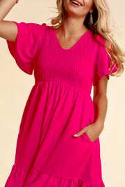 Fit & Flare Smocked Solid Dress with Side Pockets- Hot Pink