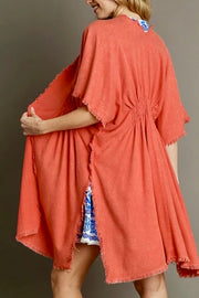 Mineral Washed Open Front Kimono with Smocked Details- Burnt Coral