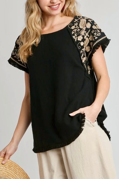 Cotton Gauze Round Neck Top with Embroidered Short Sleeves- Black