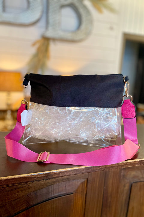 Baylor Clear Stadium Wristlet Strap Bag- Black with Solid Pink Strap