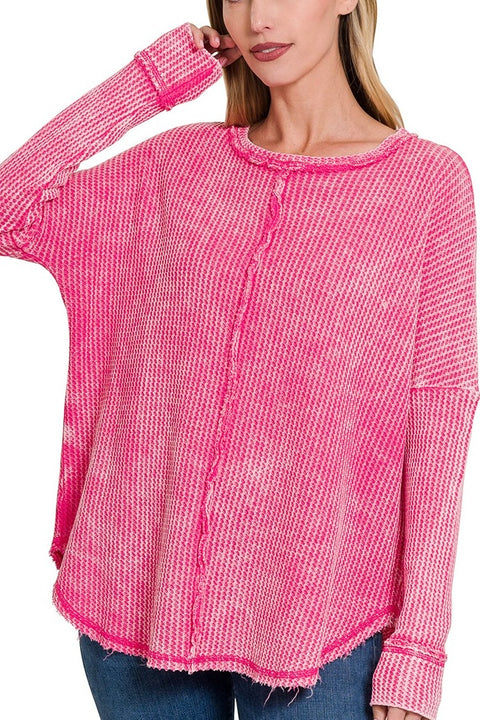 Mineral Washed Baby Waffle Long Sleeve Top- Hot Pink