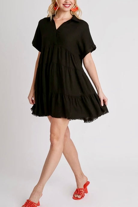 Linen Blend Short Dress with Frayed Hem- Black