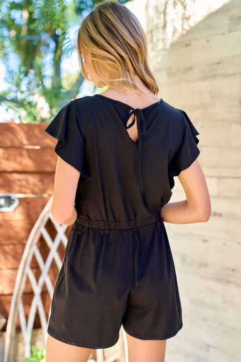 Solid Black Shorts Romper with Ruffled Short Sleeves