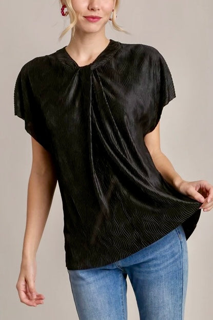 Satin Wave Texture Top with Tie Neck Detail & Short Batwing Sleeves- Black