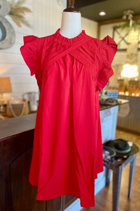 Georgia Flutter Sleeve Dress- Red