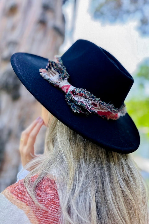 Aztec Boho Adjustable Wide Brimmed Panama Hat with Frayed Band - Black