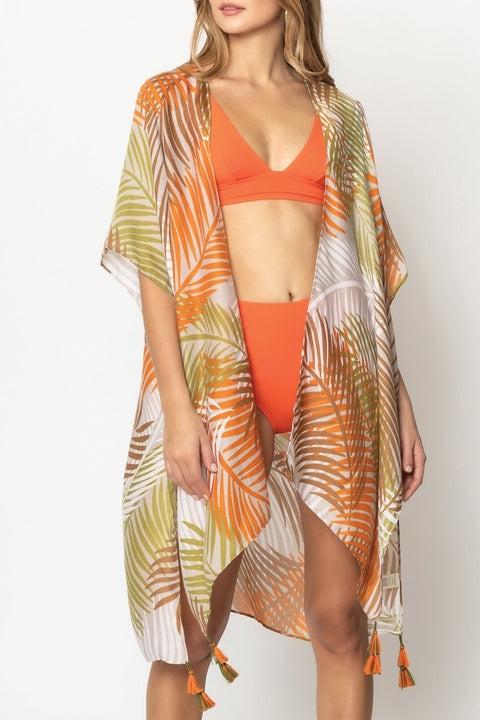 Palm Leaves Open Front Kimono- Coral